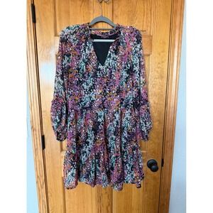 Vince Camuto Floral Tiered Mini Dress Pink Orange Black V-Neck XL C3422900